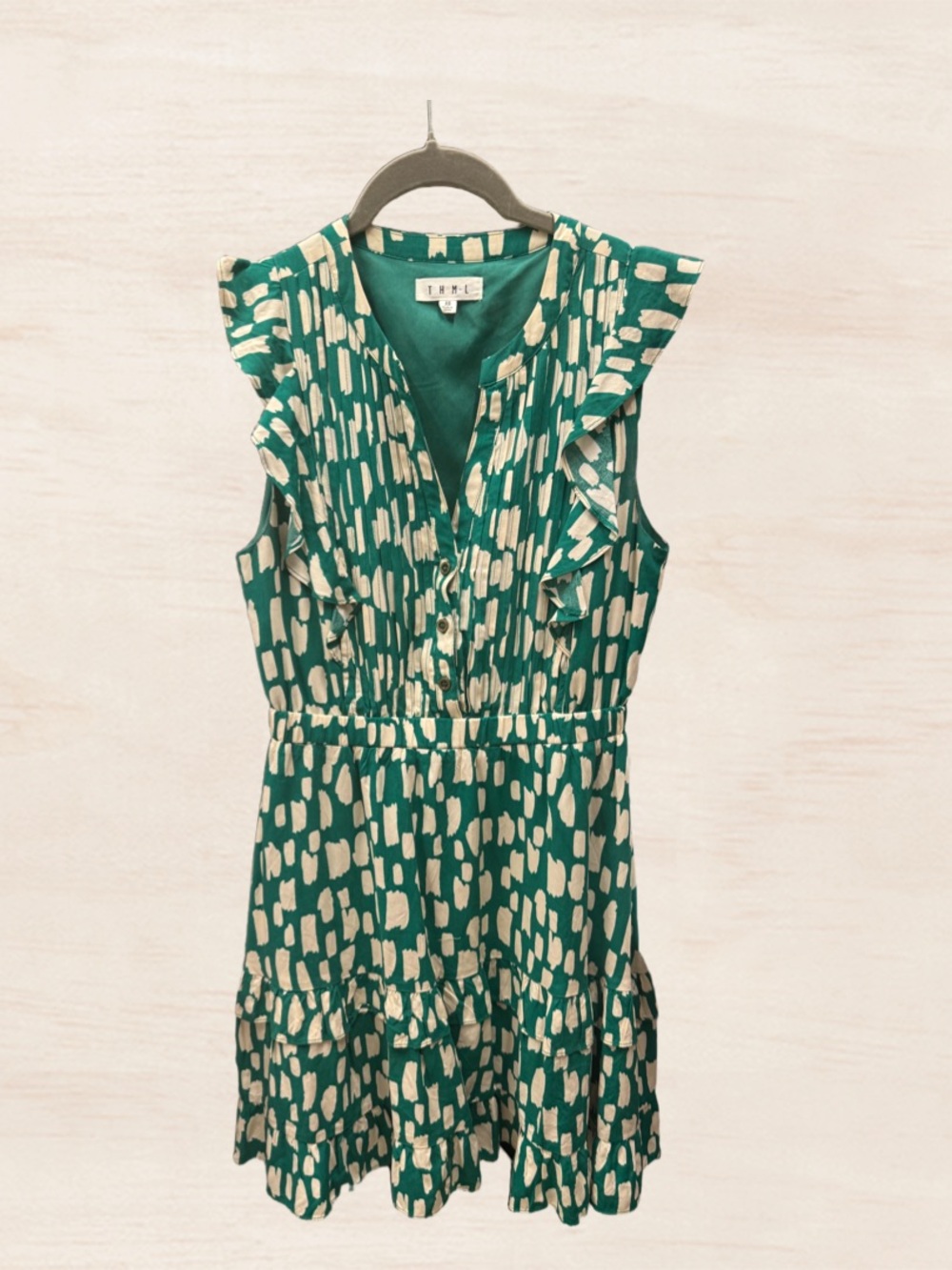 Rails Green and Cream Printed Ruffle Sleeveless Dress